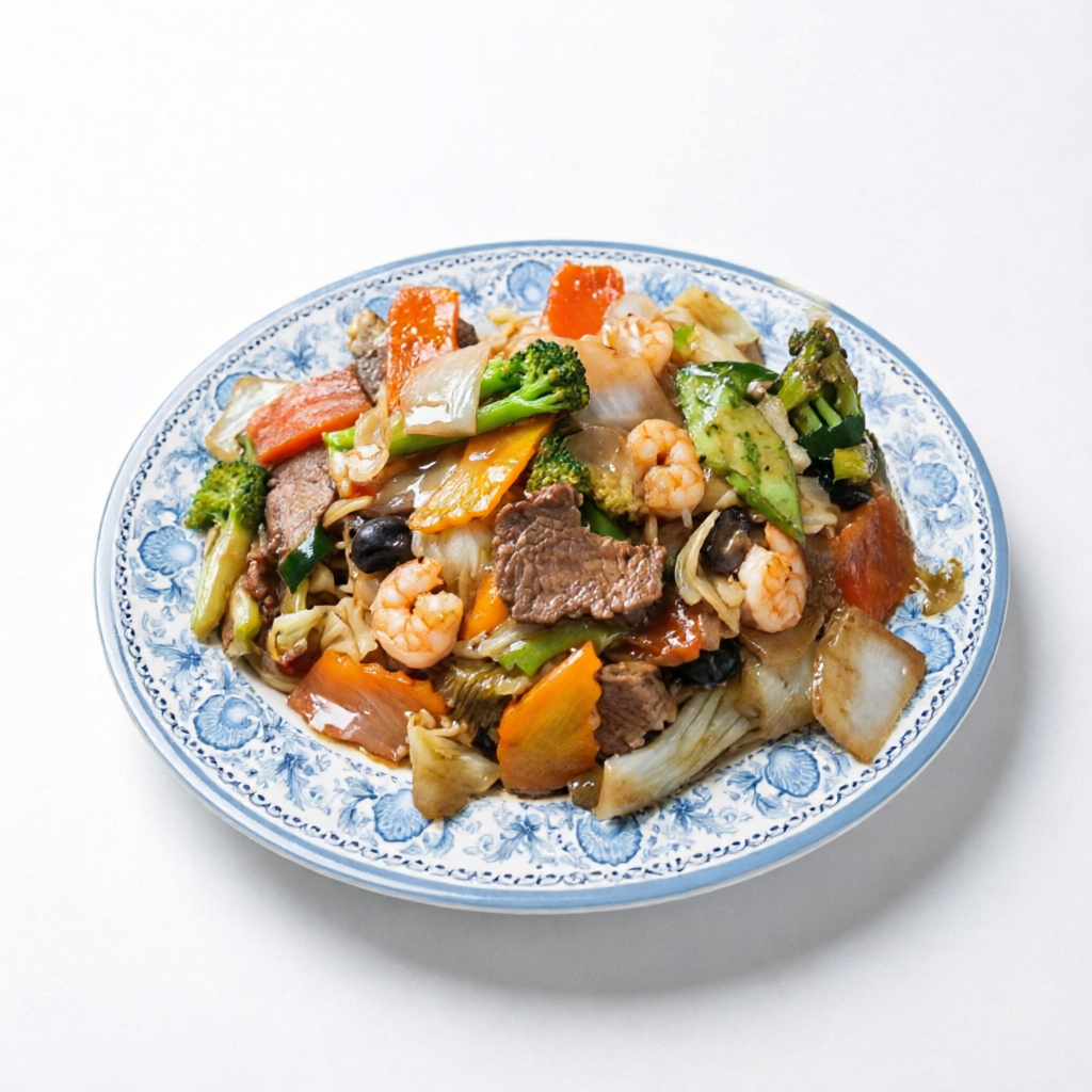 Macarrão com carne,camarão e legumes.
