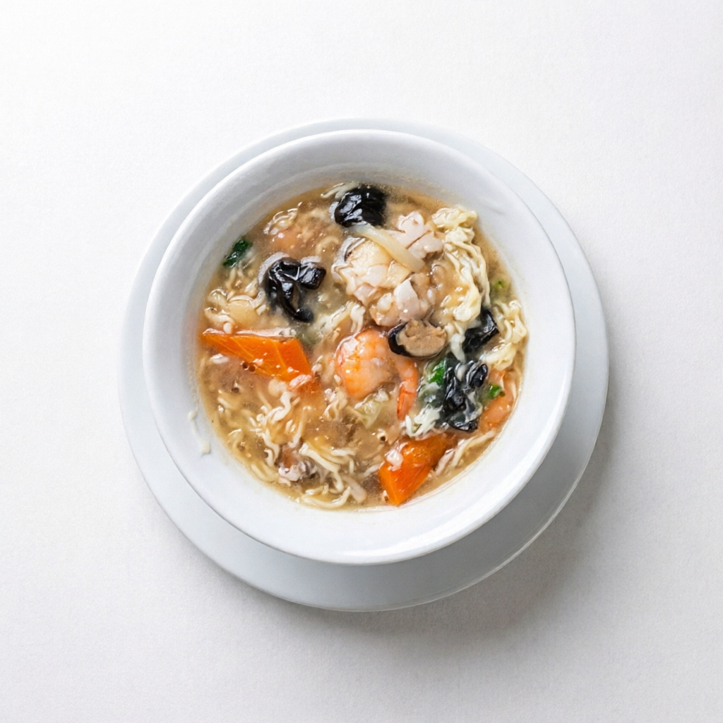 Sopa de macarrão com frutos do mar.(caldo grosso)