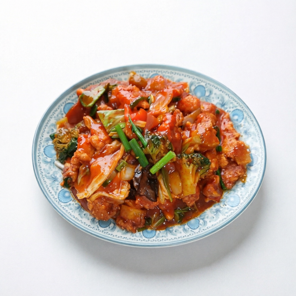 Frango empanado ao molho picante com verduras e legumes.
