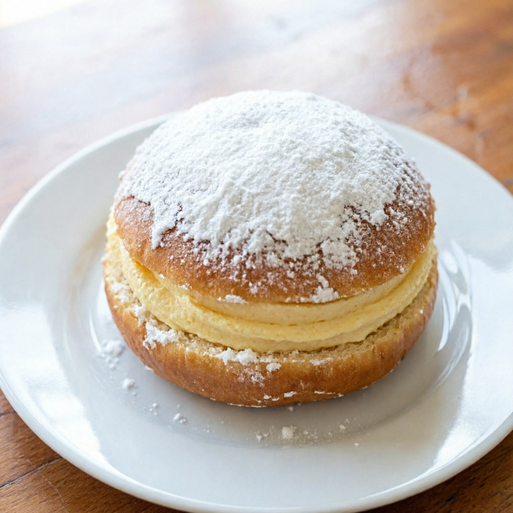 Um pão doce recheado com creme de baunilha e polvilhado com açúcar.