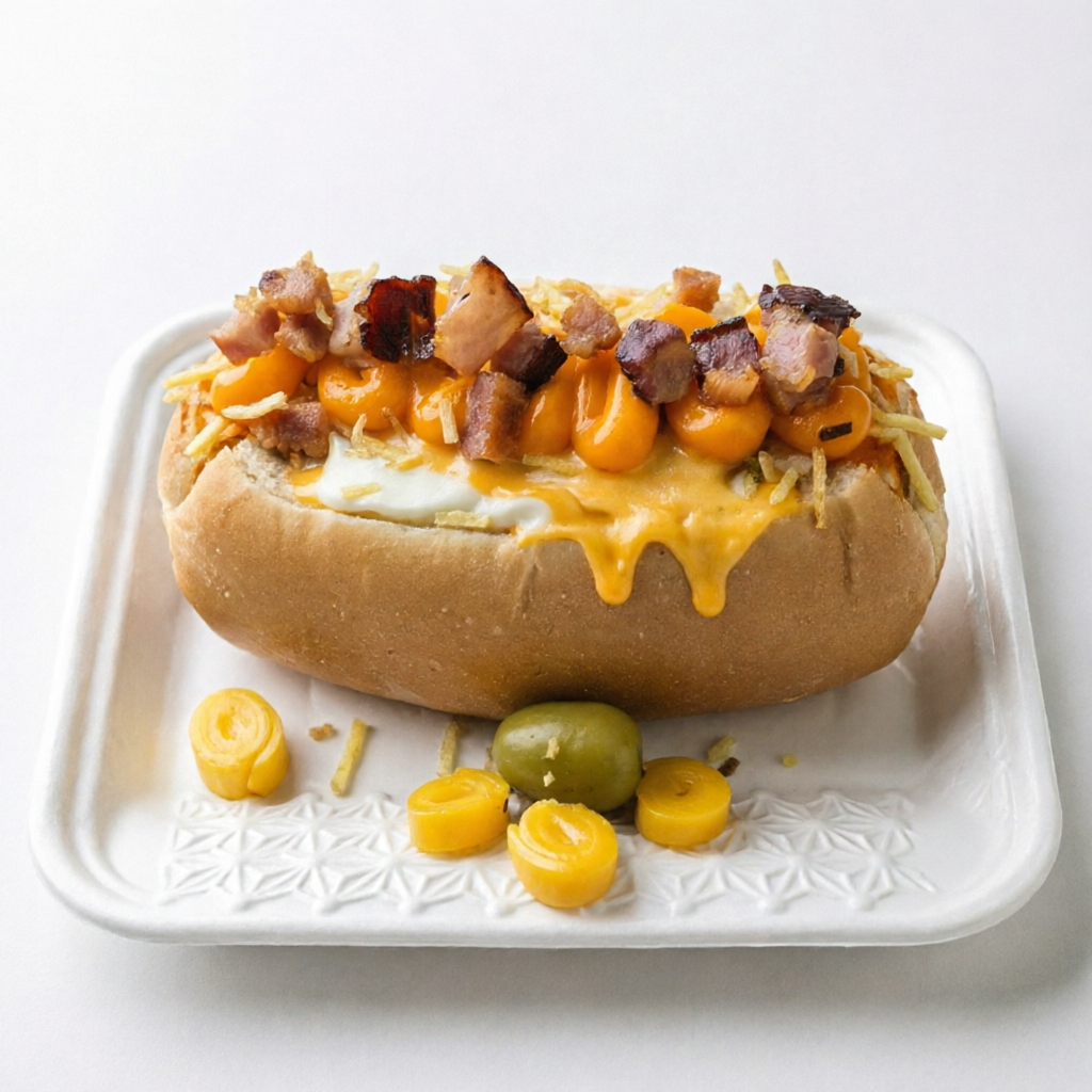 Salsicha ao molho, milho e ervilha, barbecue, mussarela, cheddar cremoso massaricado, bacon, batata palha, queijo ralado.