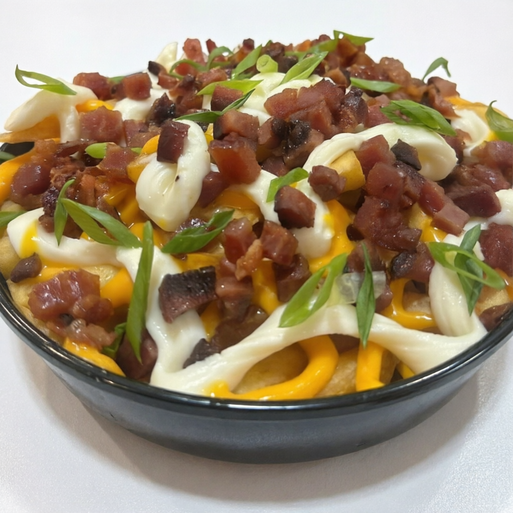 Batata, cheddar, Catupiry, calabresa e bacon.