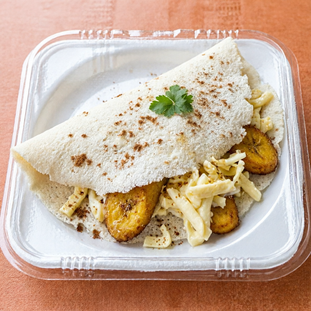Banana frita, queijo, açúcar e canela