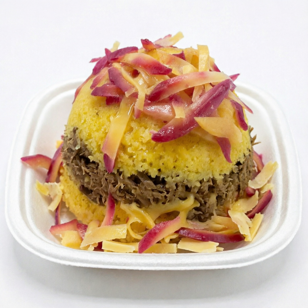 Carne de sol desfiada, queijo do reino. Acompanha vinagrete