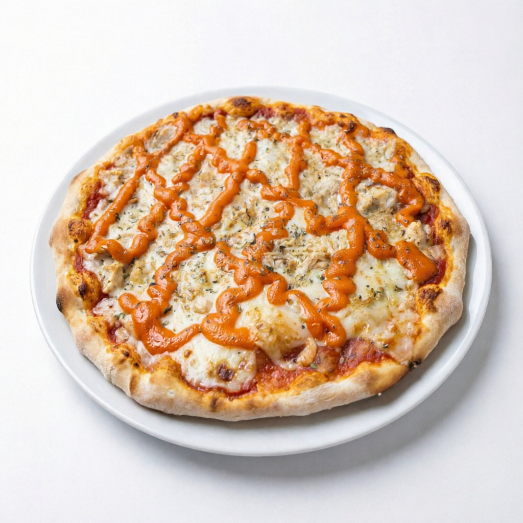 Molho de tomate, mussarela, frango, cheddar, orégano