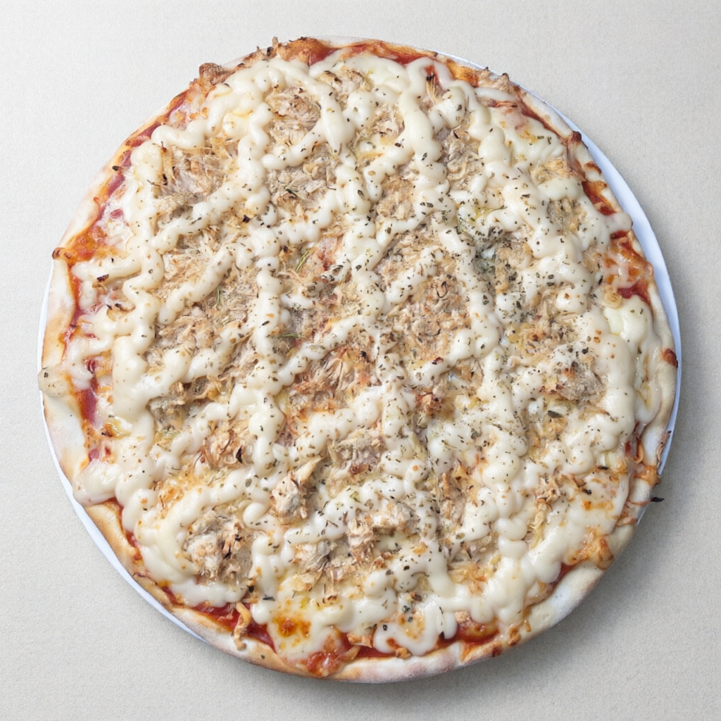 Molho de tomate, mussarela, frango, catupiry, orégano