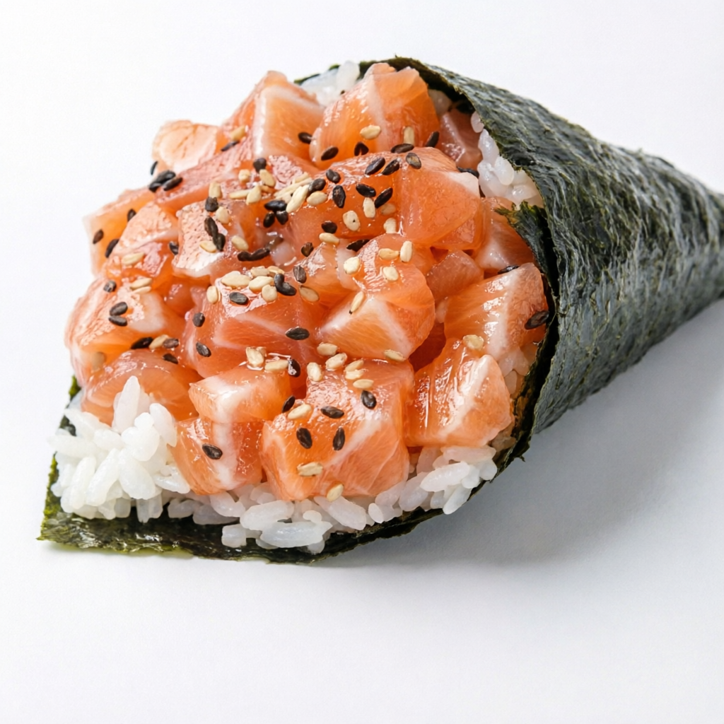 Salmão em cubos, arroz e nori.