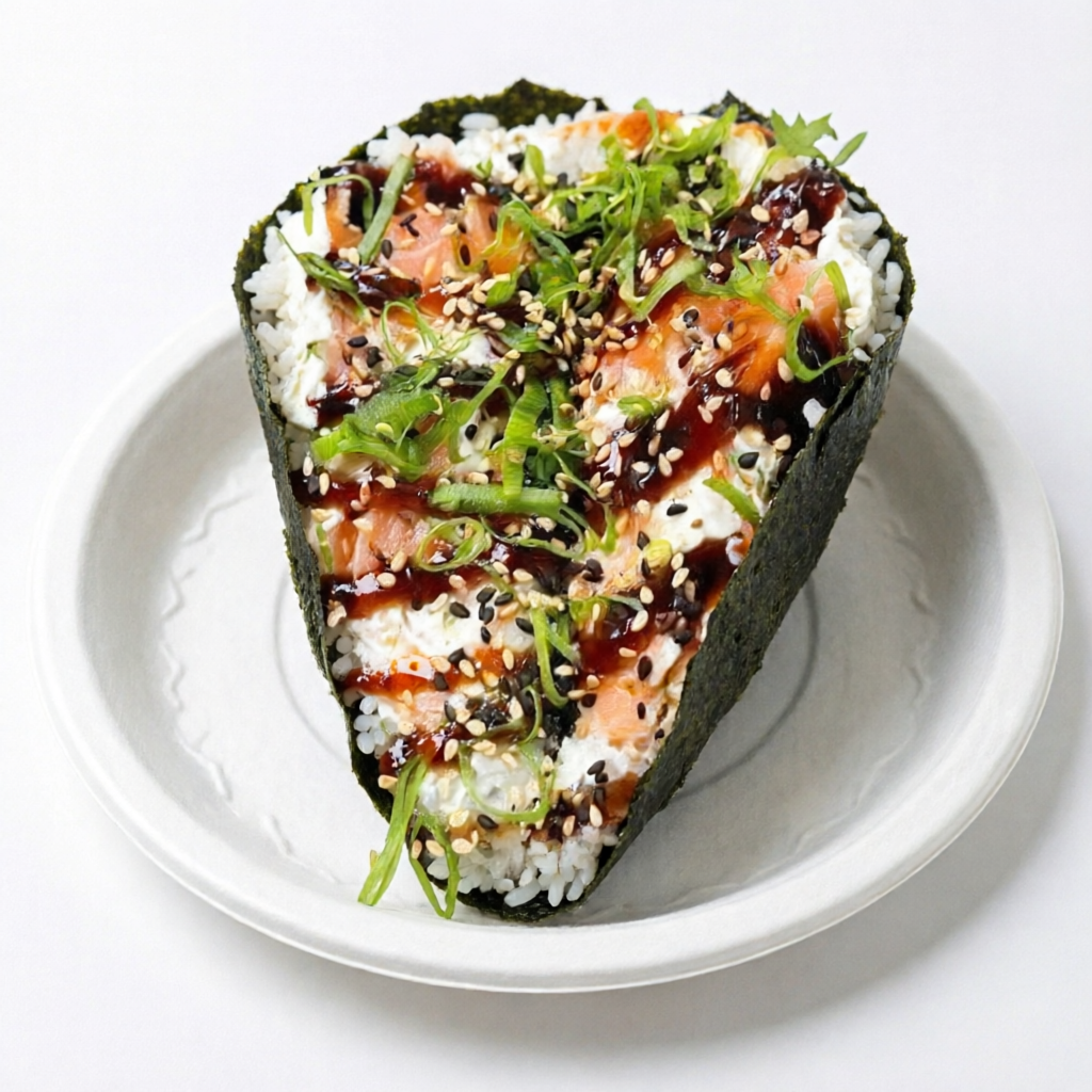 Salmão com cream cheese, arroz, nori e frito.