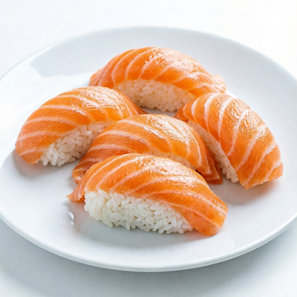 Fatias de salmão com base de arroz.