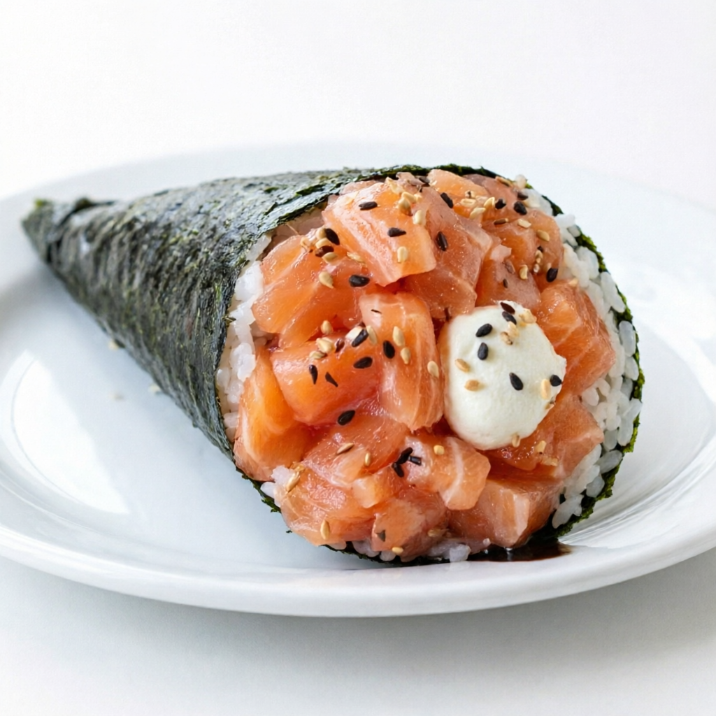 Salmão em cubos com cream cheese, arroz e nori.