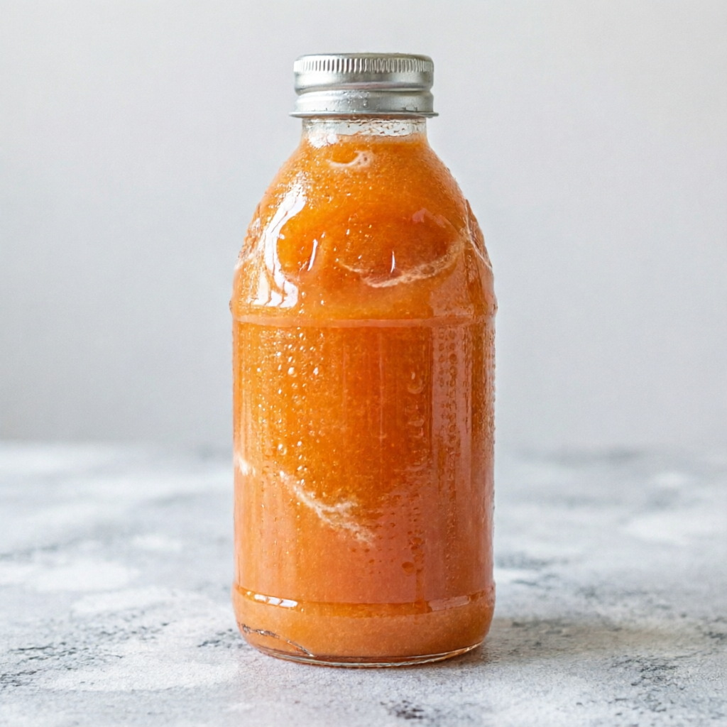 Frutas batidas neste suco: laranja, mamão, abacaxi, uva, kiwi, morango, banana, melancia, manga e melão.