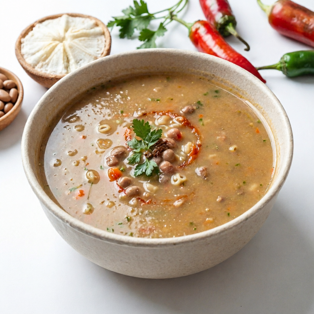 Macarrão, legumes e feijão.