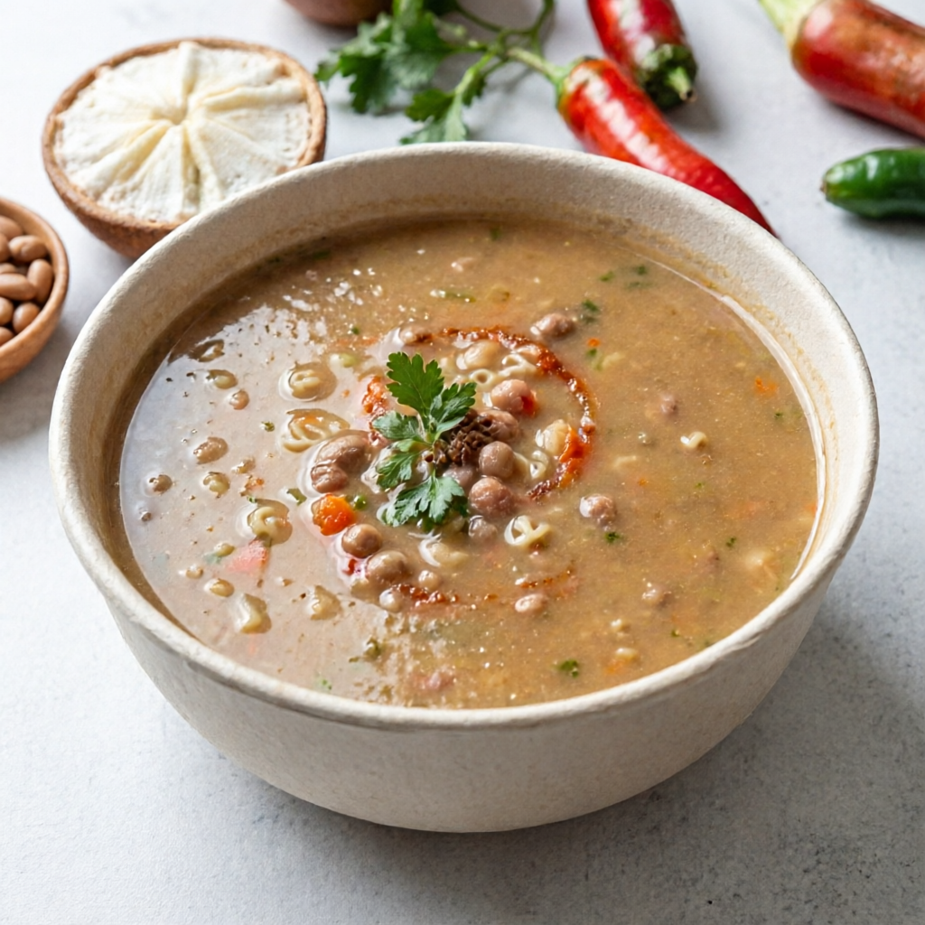 Macarrão, legumes e feijão.