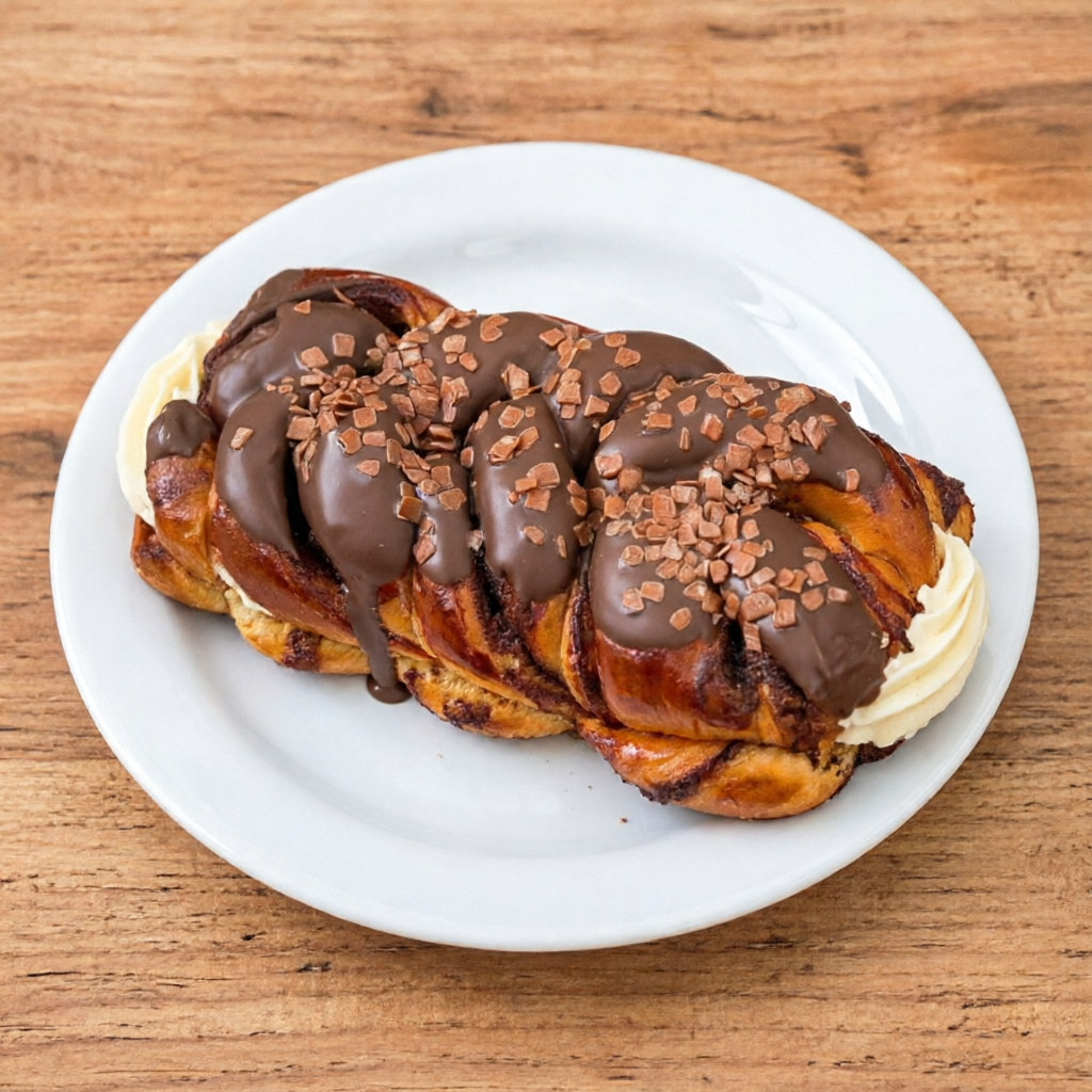 Massa doce com recheio de creme e cobertura de chocolate