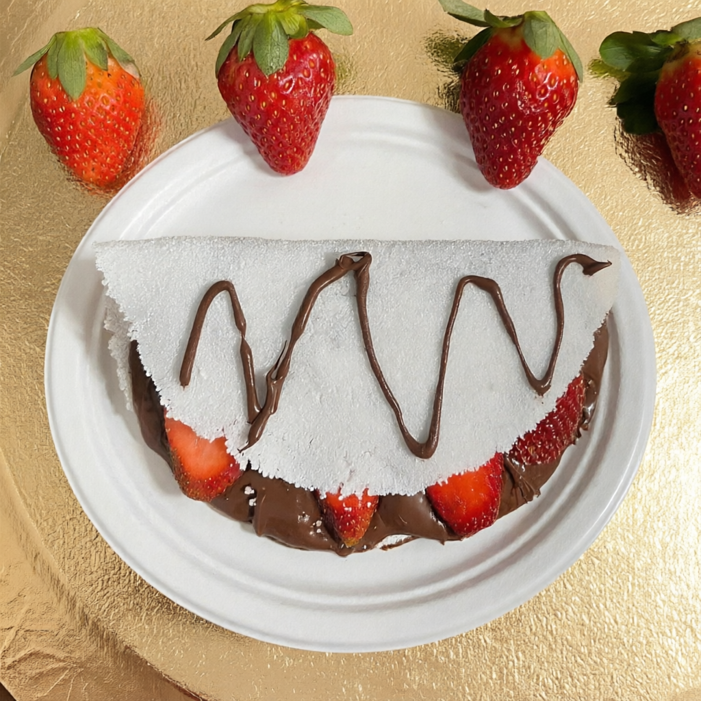 Massa caseira feita na hora, padrão Maitê Tapiocas, recheada com Nutella e Morango.