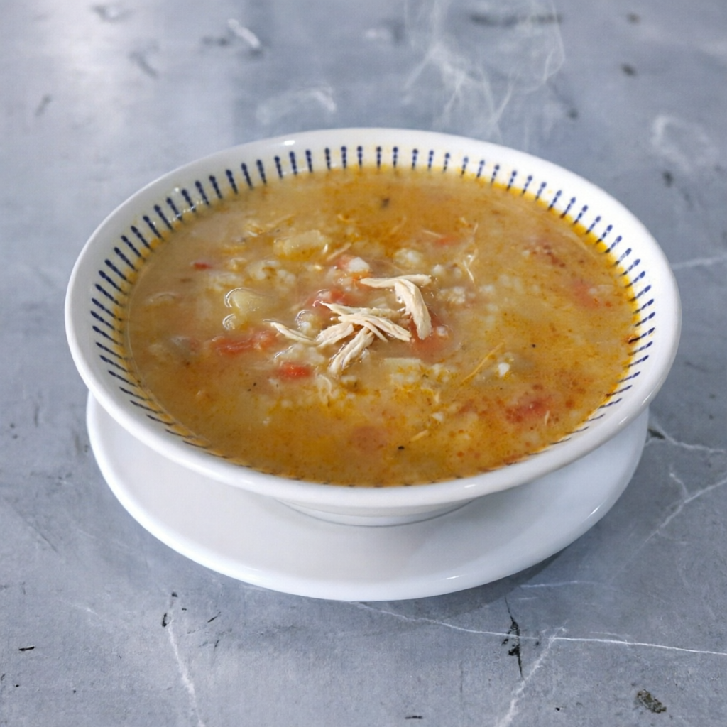 arroz, legumes e frango desfiado.