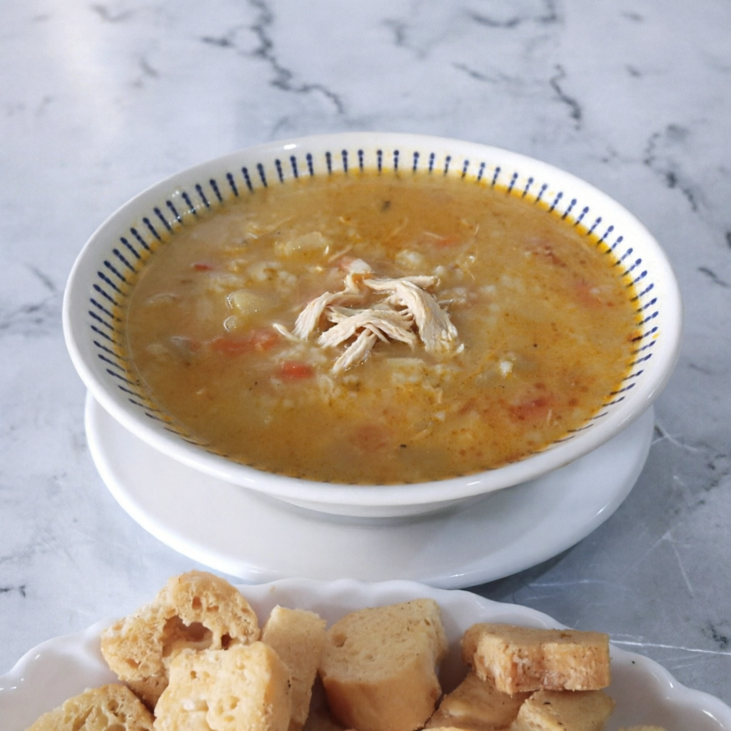 Arroz, legumes e frango desfiado.