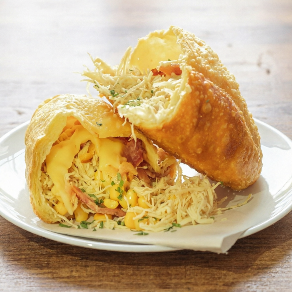 Um pastel recheado com frango desfiado, bacon, catupiry. Sabor que lembra a casa da mãe!