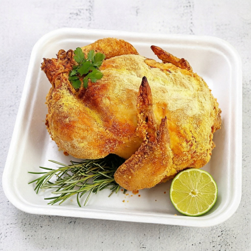 O campeão de crocância e sabor para o seu almoço!
Imagine o clássico frango assado, mas elevado a outro nível: ele é totalmente empanado na farinha panko legítima, garantindo uma casquinha dourada, ultra crocante e sequinha por fora, enquanto a carne continua incrivelmente macia e suculenta por dentro.
Para ficar ainda melhor, ele vai recheado com a nossa Farofa Especial de bacon e calabresa (com pimentão, cenoura, alho-poró e cebola), que absorve todo o tempero e o suco do frango enquanto assa!
Diferencial: Crocância extrema na Panko por fora + Suculência por dentro.
Peso aproximado: 1,200g.
Acompanha: Farofa especial de bacon e calabresa (servida dentro do frango).