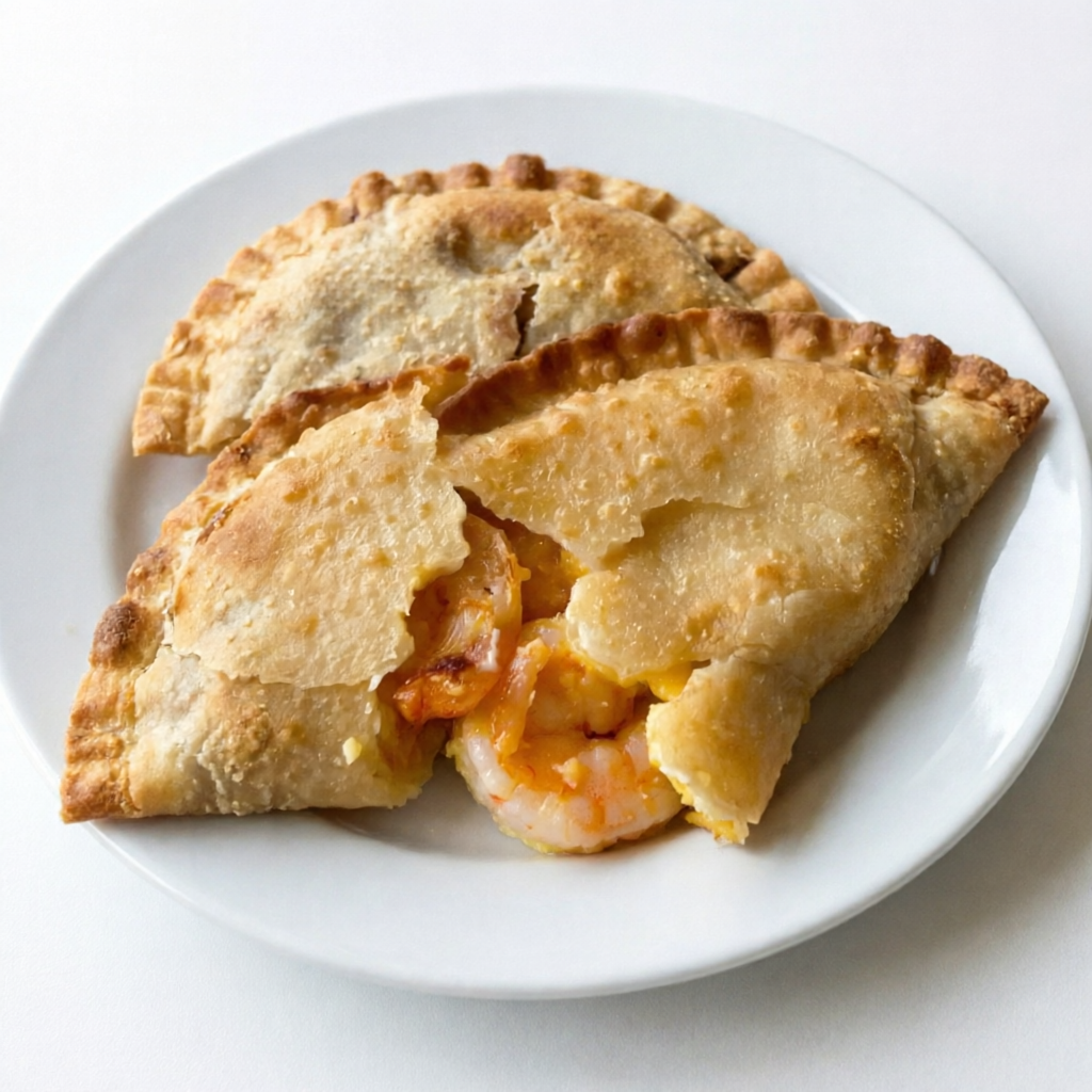 Porções de pastéis de massinha crocante com recheio de camarão e queijo, uma delícia do mar.