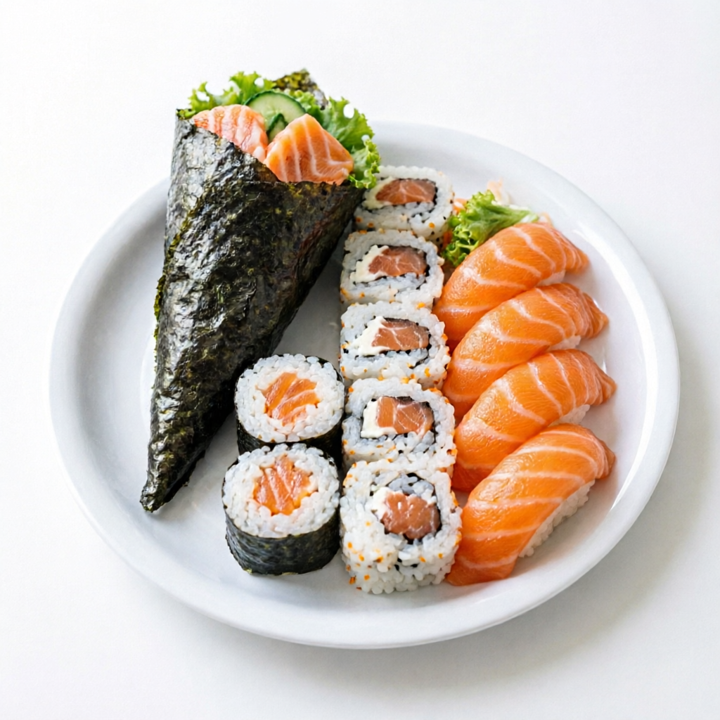 01 Temaki Salmão Grelhado + 5 Peças de Niguri Cru + 5 Peças de Urakami de Salmão