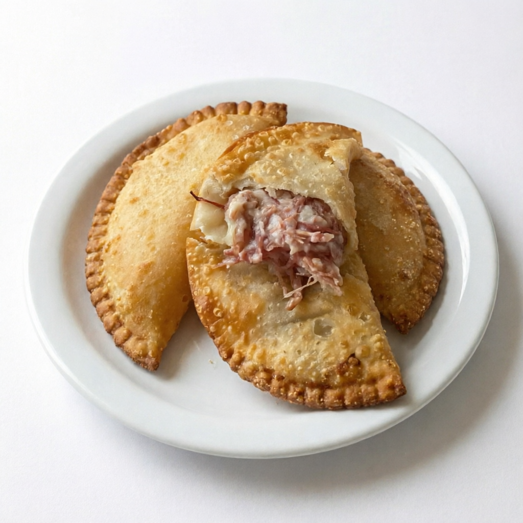 Porções de pastéis de massinha crocante com recheio de charque com creme de queijo, uma combinação perfeita.