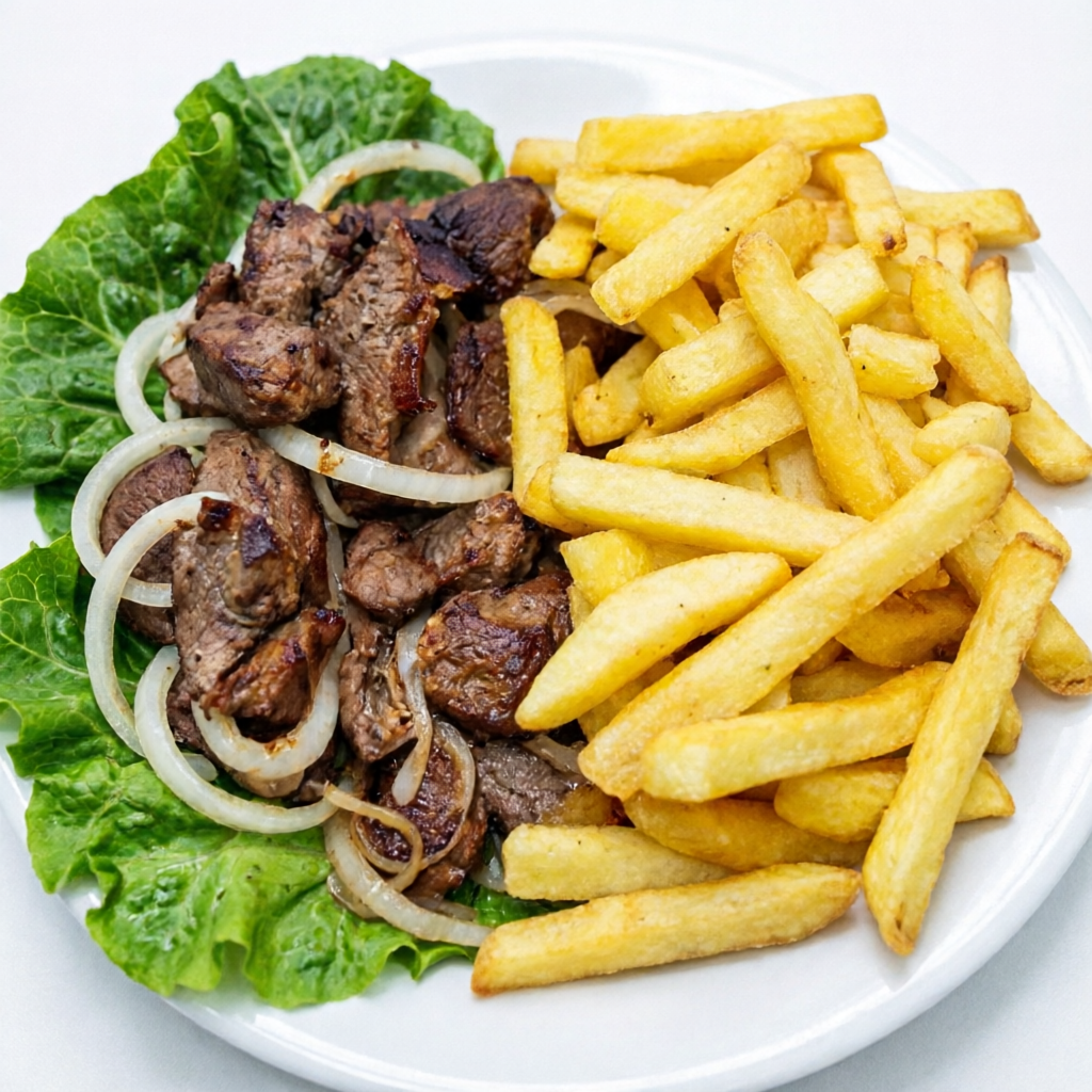 Carne do sol, cebola e batata frita.