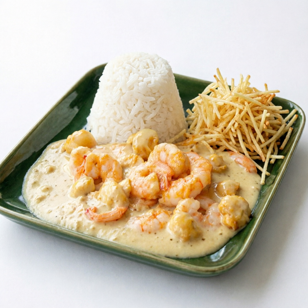 Strogonoff de camarão, acompanhado de arroz branco e batata palha.