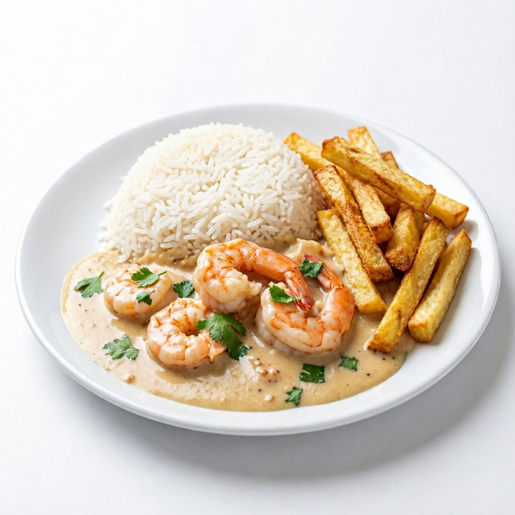 Strogonoff de camarão, acompanhado de arroz branco e batata palha.