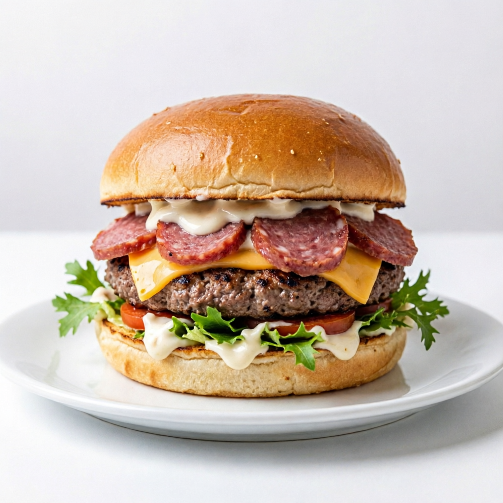 Hamburguer Bovino, queijo, calabresa, salada, e molho