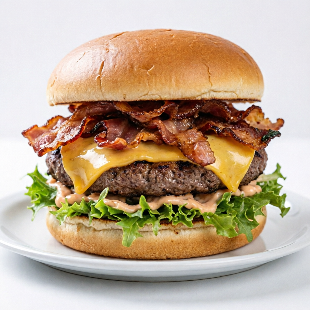 Hamburguer Bovino, queijo, bacon, salada, molho