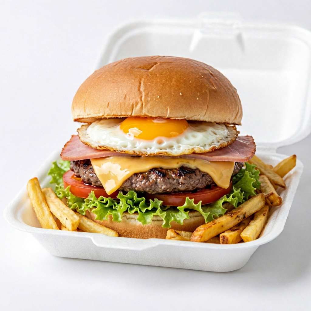 Hamburguer Bovino, queijo, presunto, ovo, salada, batata palha e molho