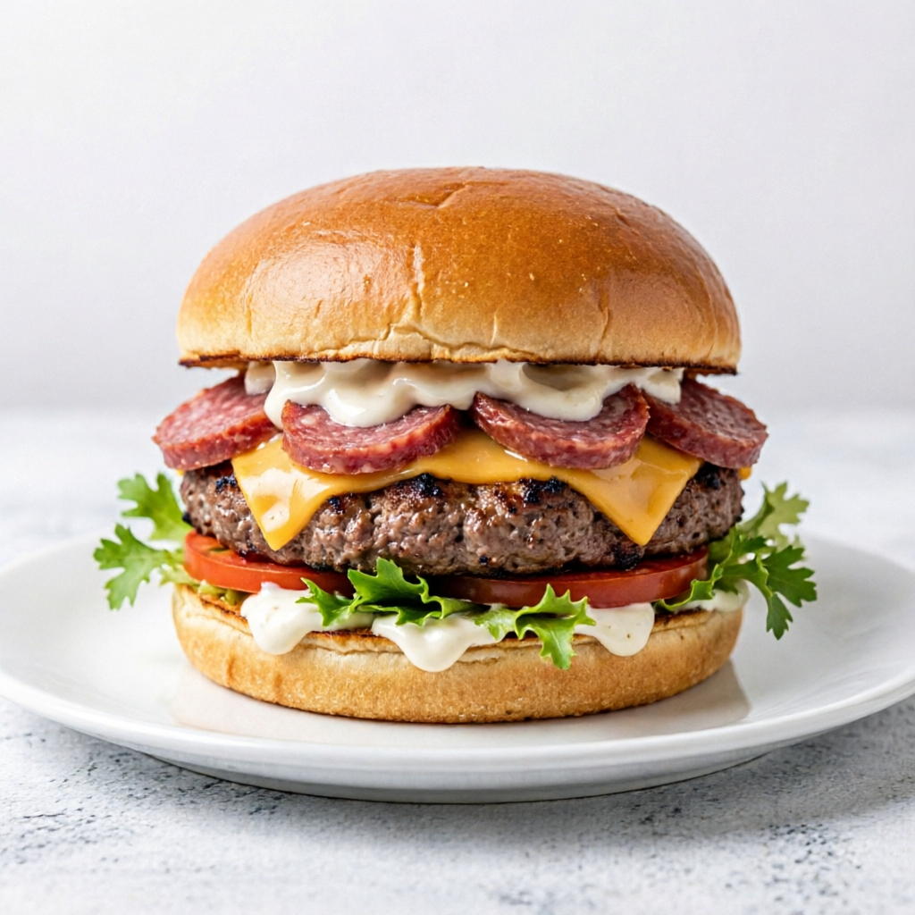 Hamburguer Artesanal 150g, queijo ,calabresa, salada molho especial