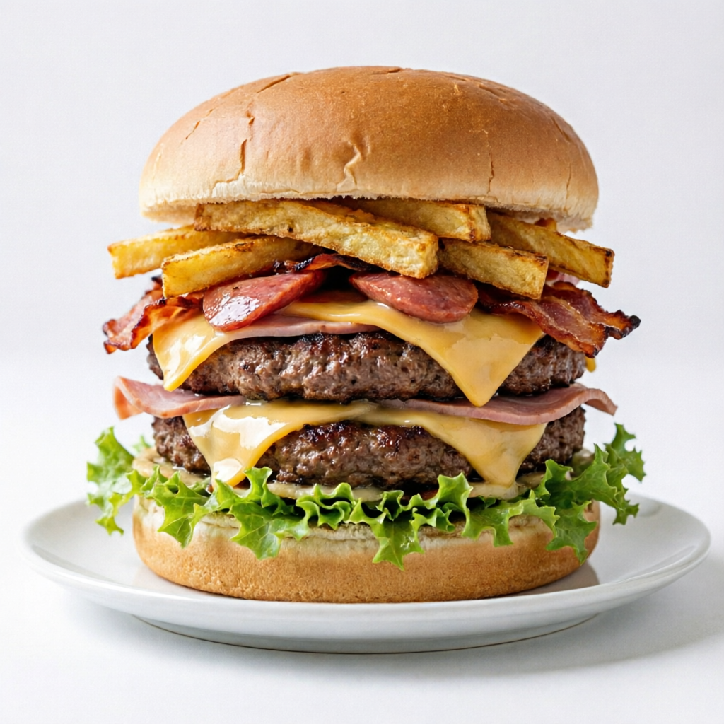 2 - Hamburguer Bovino, queijo, salsicha, presunto, calabresa, bacon, salada, batata palha, Molho