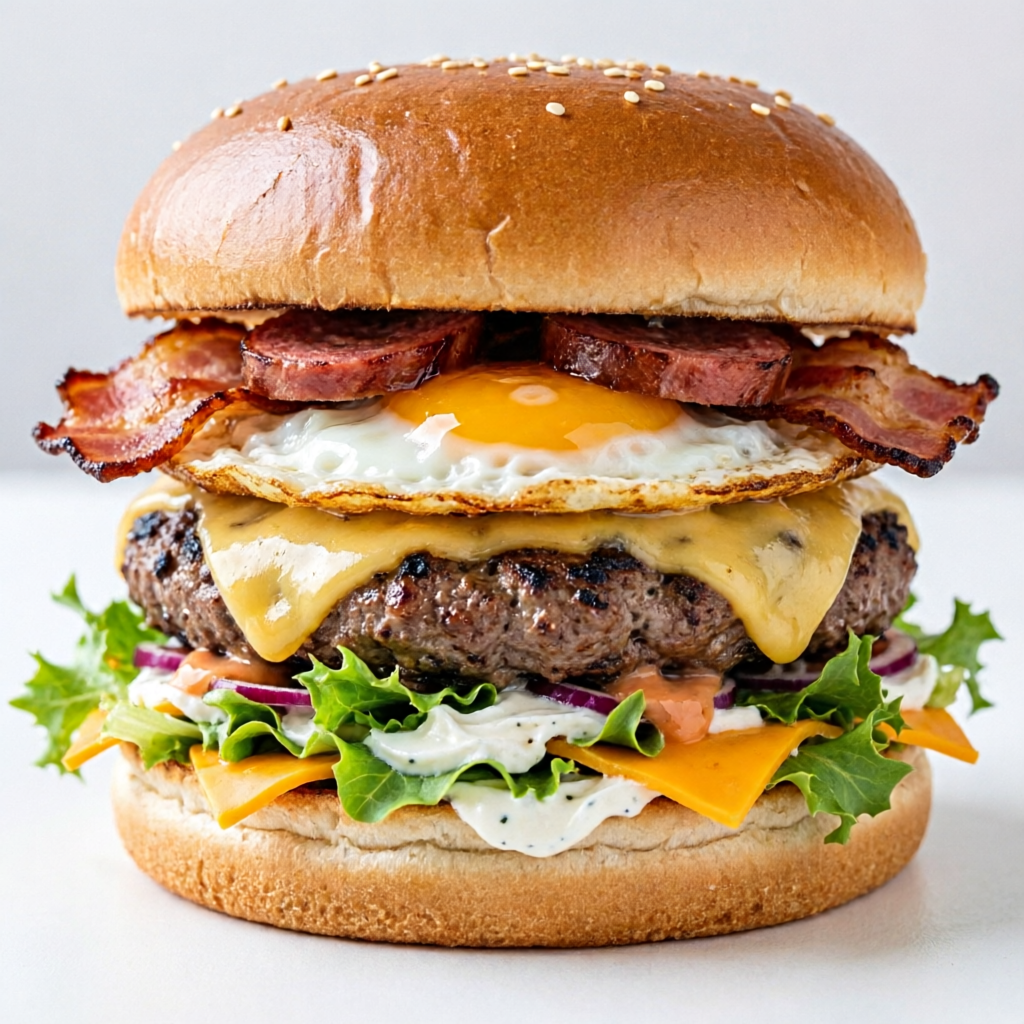 Hamburguer Artesanal 150g, queijo, ovo , calabresa, bacon, salada, cream cheese, cheddar, molho E