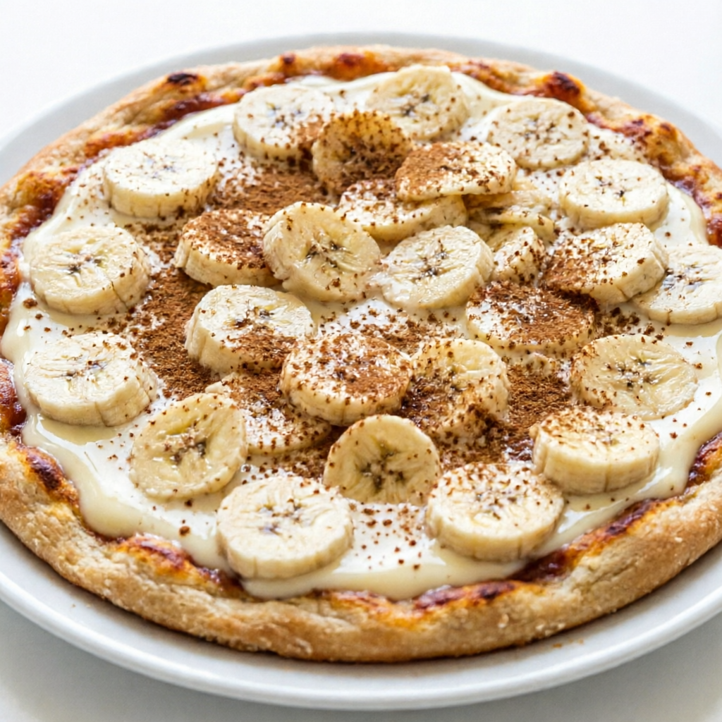 massa artesanal, leite condensado, banana em rodelas, canela em pó.