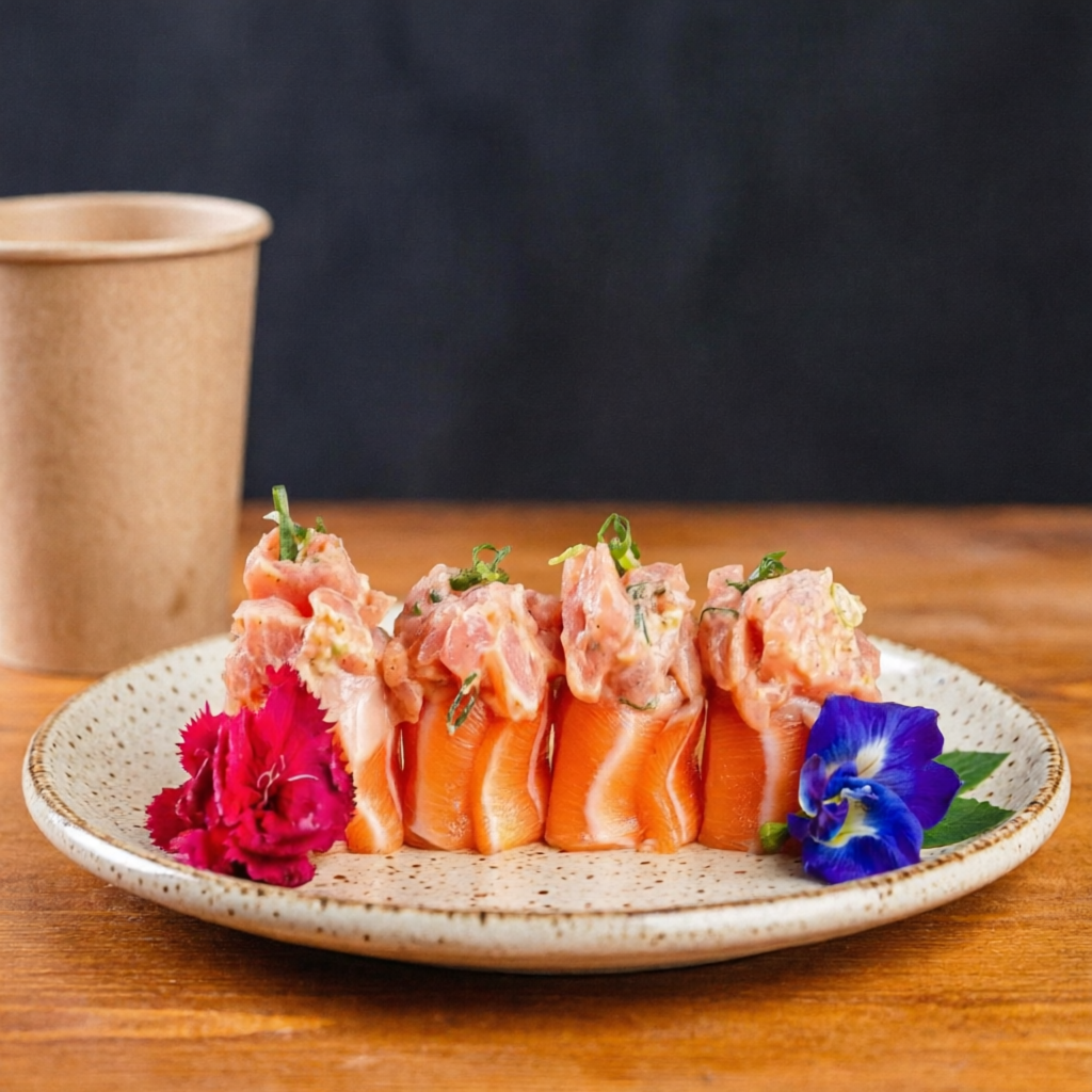 Lâminas de salmão, recheadas com shari, finalizado com tartar de atum apimentado.