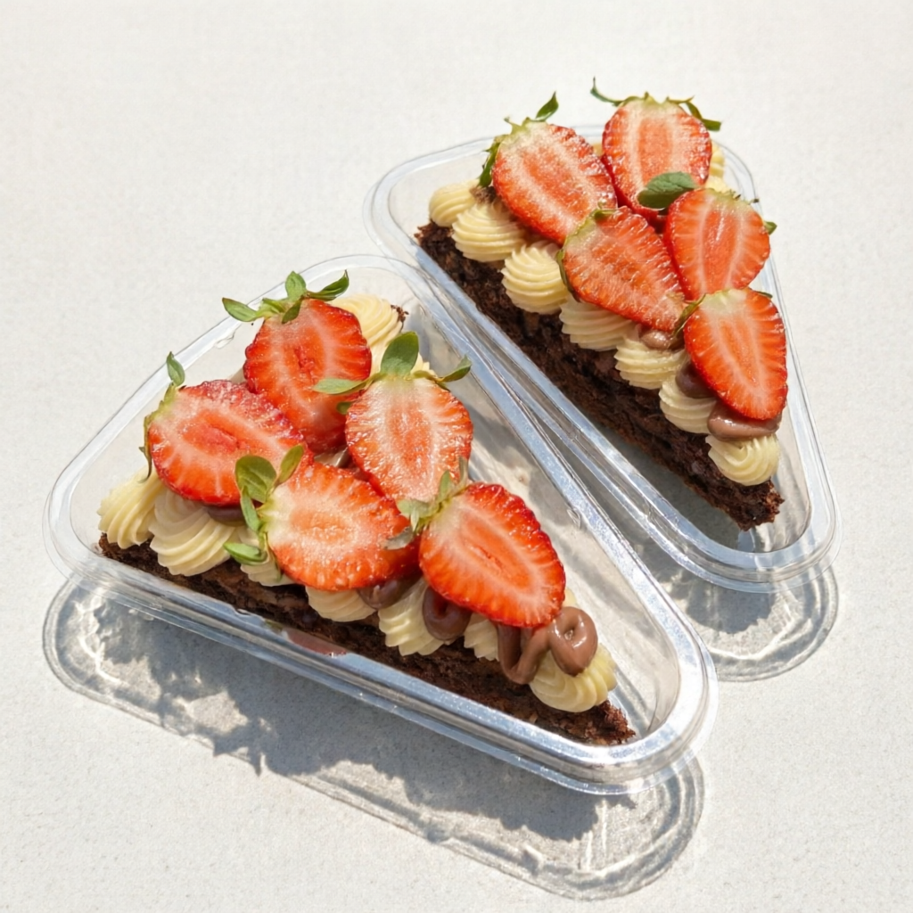 Brownie artesanal, macio por dentro e levemente crocante por fora, coberto com um creme 4 leites super aveludado, Nutella cremosa e morangos frescos.