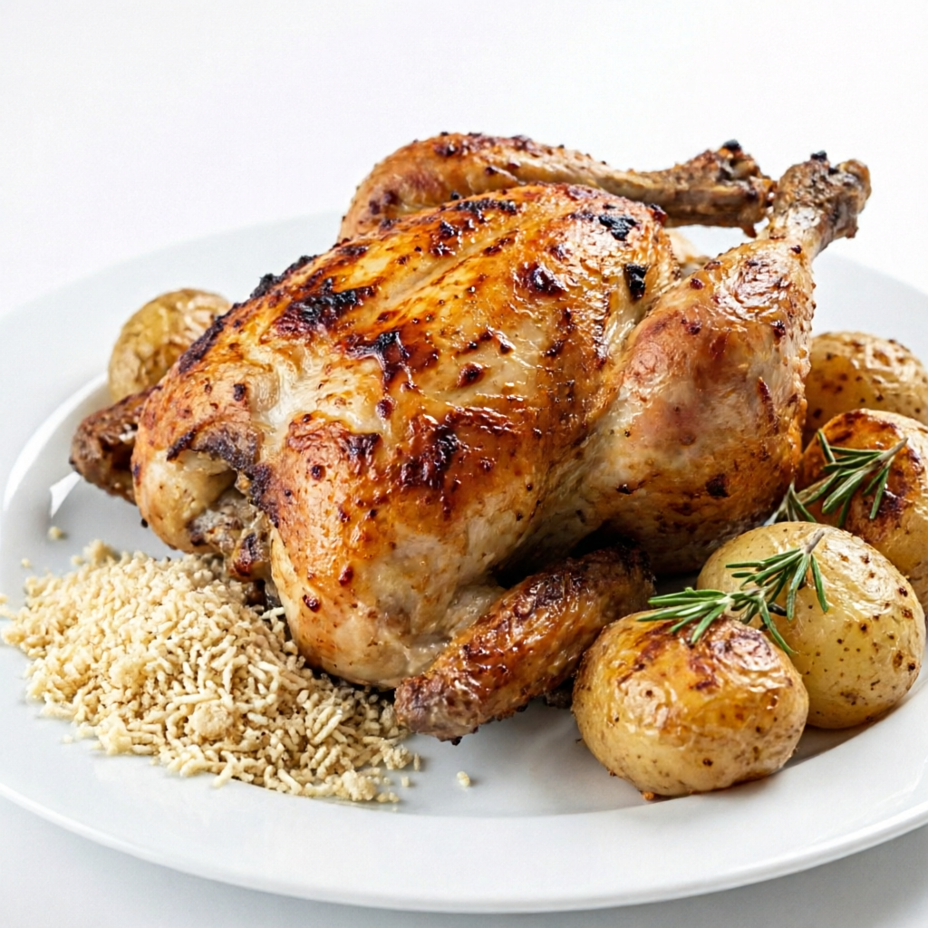 Mini frango assado, acompanhado de porção de batatas bolinhas assadas, incluso farofa da casa (enviada separadamente).