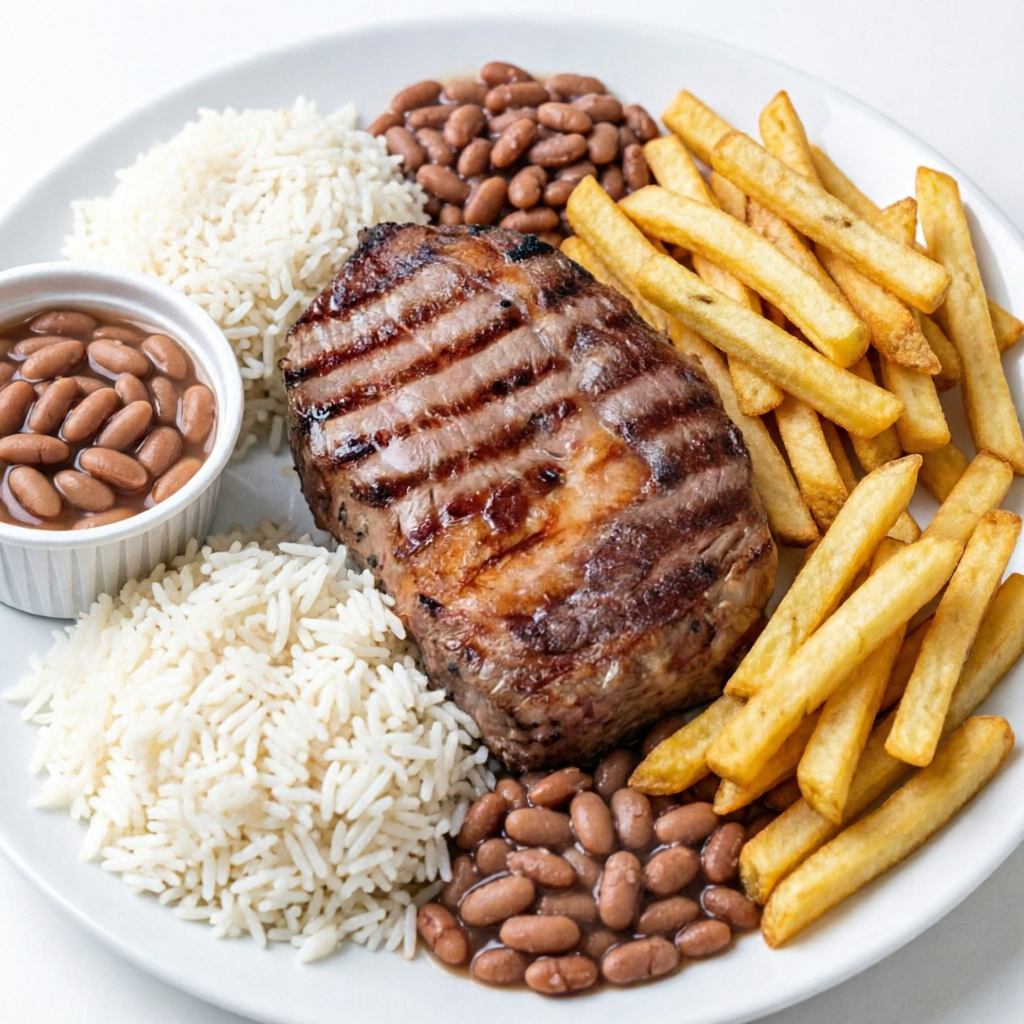 Ancho Bassi Grelhado, Arroz Branco, Feijão e Fritas. 500 GRAMAS