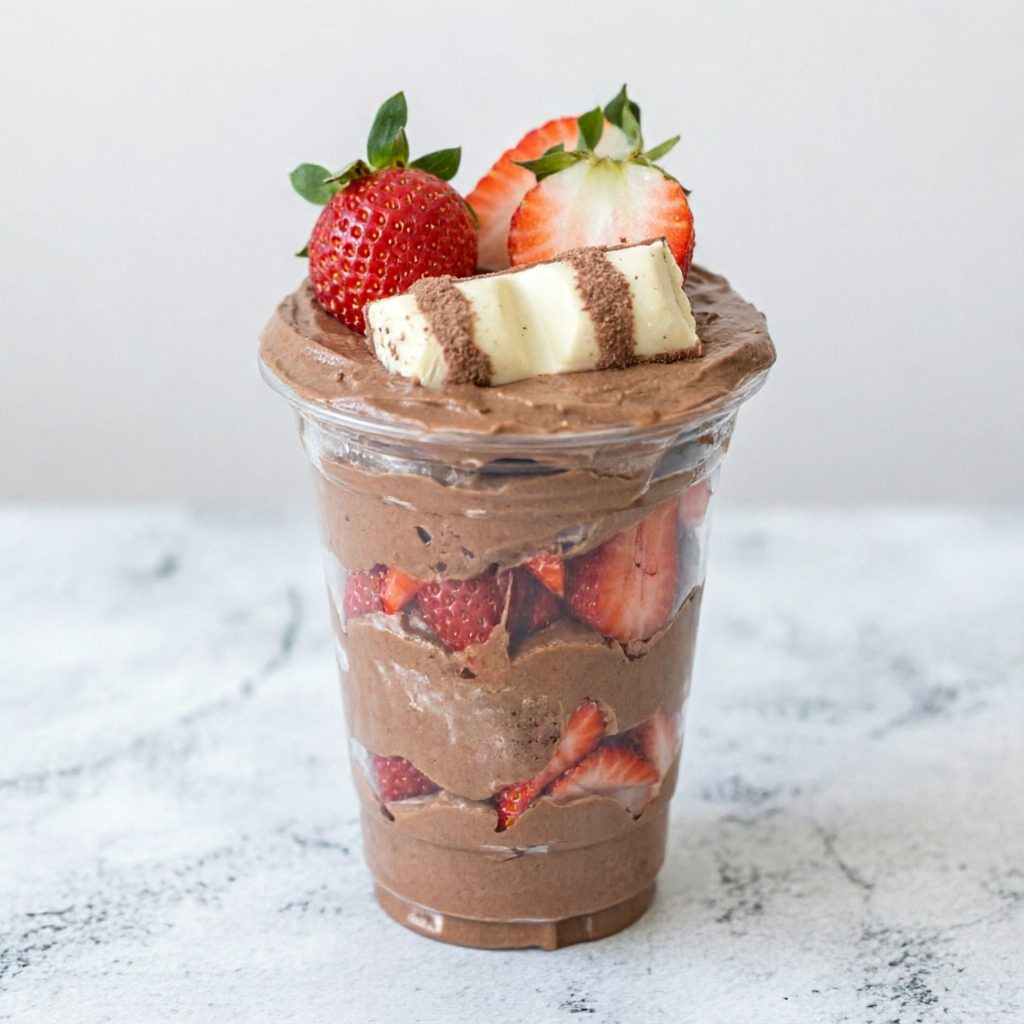 Magine-se saboreando camadas de mousse de chocolate cremosa e aerada, perfeitamente equilibradas com os morangos suculentos que explodem em cada mordida e um chocolate Kinder Bueno White dando aquele toque todo especial. É uma experiência sensorial que vai te transportar para um mundo de prazer e felicidade. Além do sabor de tirar o fôlego, o nosso copo da felicidade é feito com ingredientes selecionados e de alta qualidade, garantindo que cada colherada seja perfeita. É a sobremesa ideal para compartilhar com sua família e amigos, trazendo sorrisos e momentos especiais para todos. Obs: Copos de 300ml serve 01 Pessoa!!