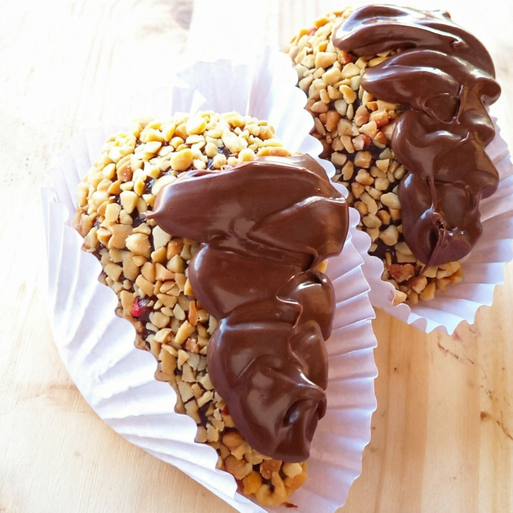 2 coxinhas de brigadeiro c morango, coberta por amendoim c bastante Nutella pura