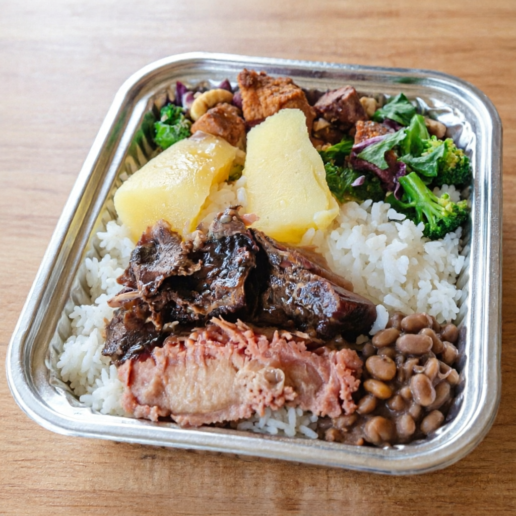 Arroz, feijão tropeiro e costelao de boi assado no bafo. Escolha dois acompanhamentos (500g)