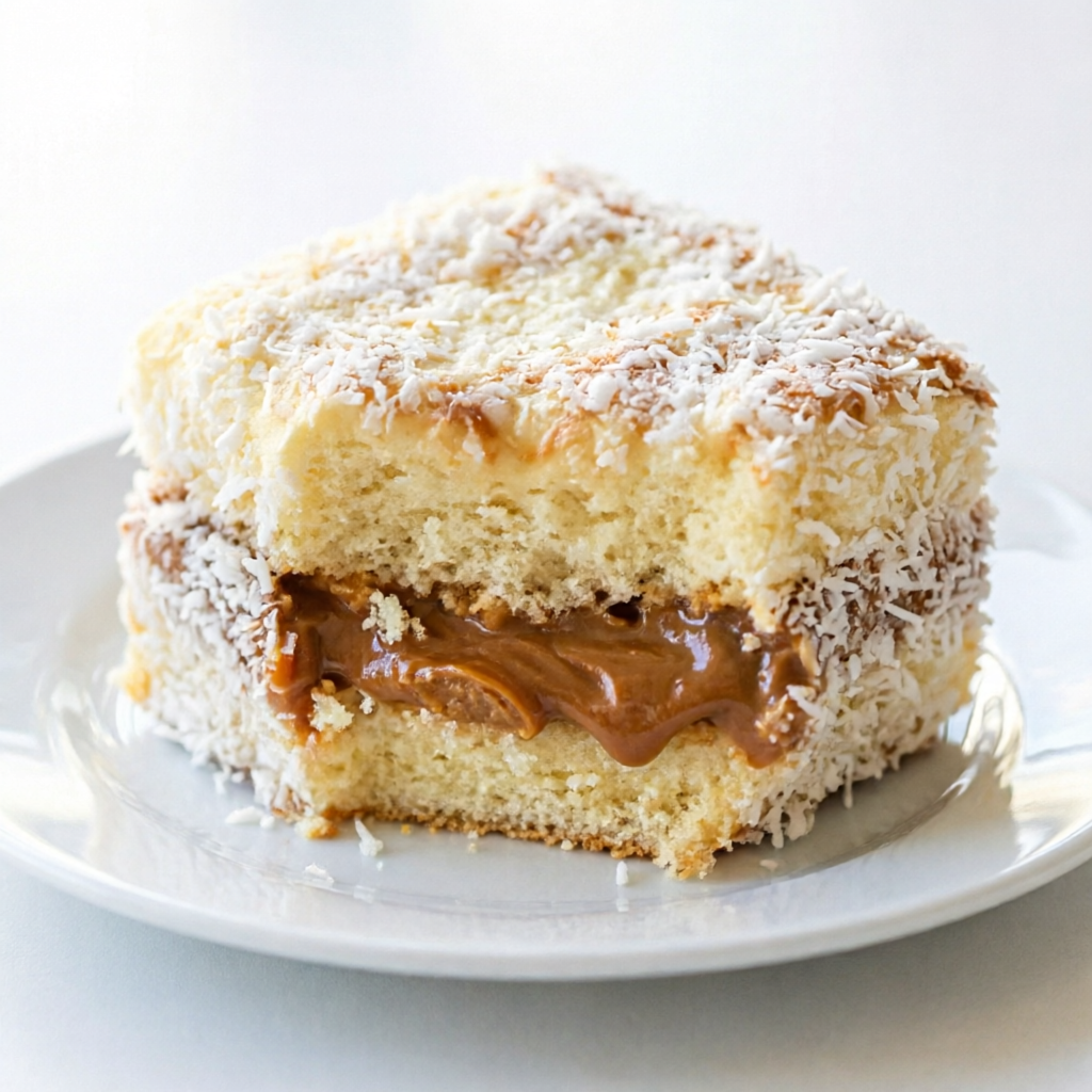 Apresentamos o nosso Bolo Gelado de Doce de Leite, com uma massa de bauninha incrivelmente macia, este bolo é generosamente recheado com o nosso doce de leite, passado em uma camada de coco