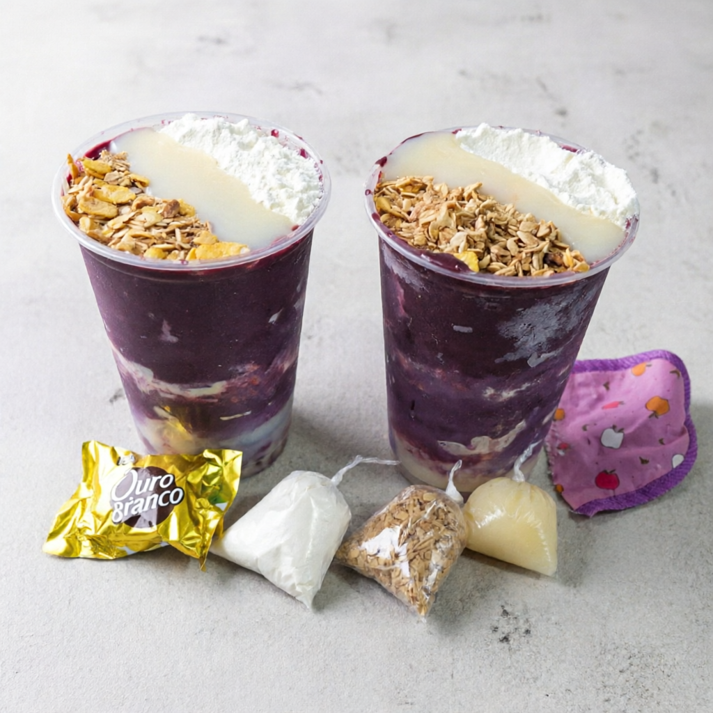Dois açai de 500 ml com leite em pó, leite condensado, e granola