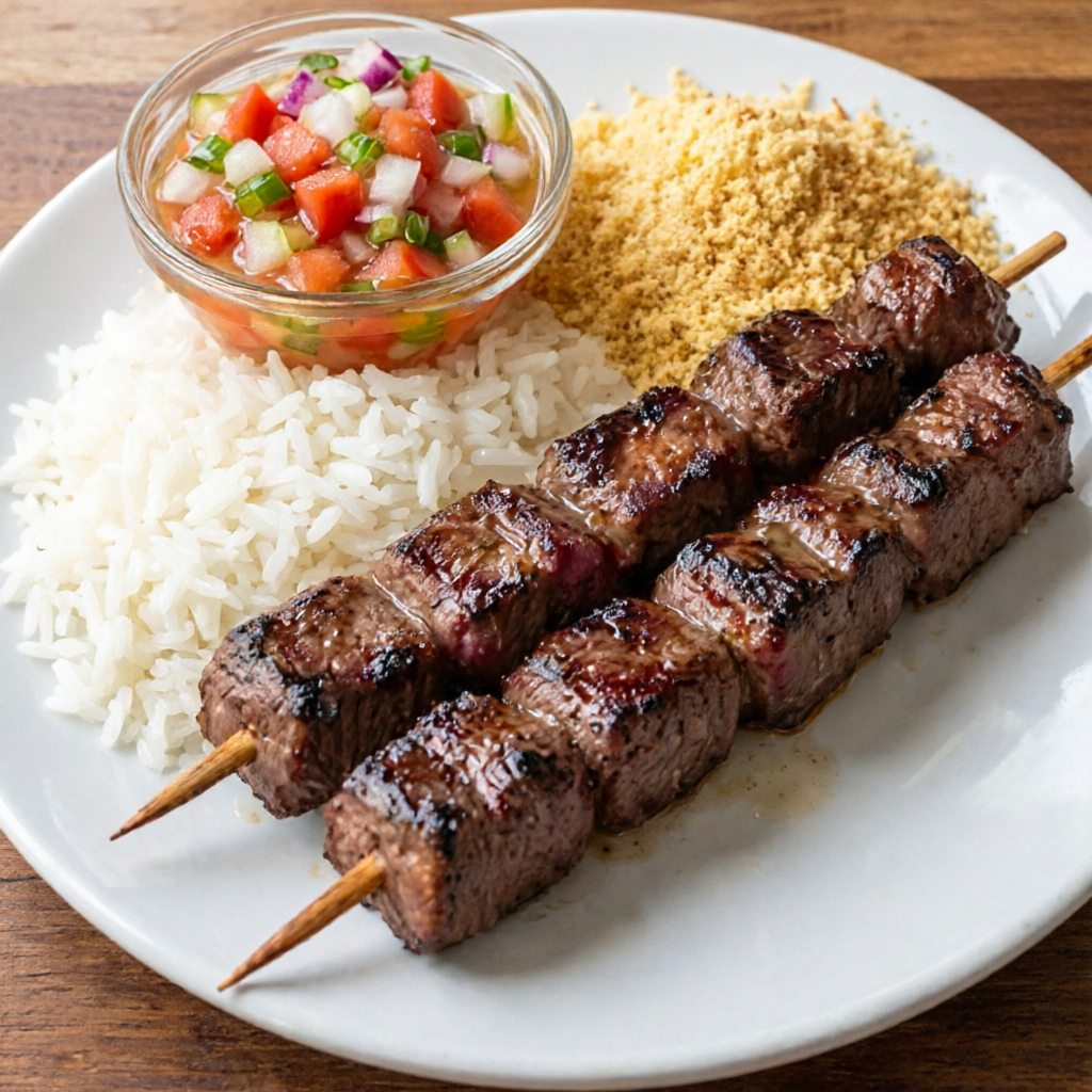 2 Espetos de Alcatra (200g), Arroz, Farofa e Vinagrete