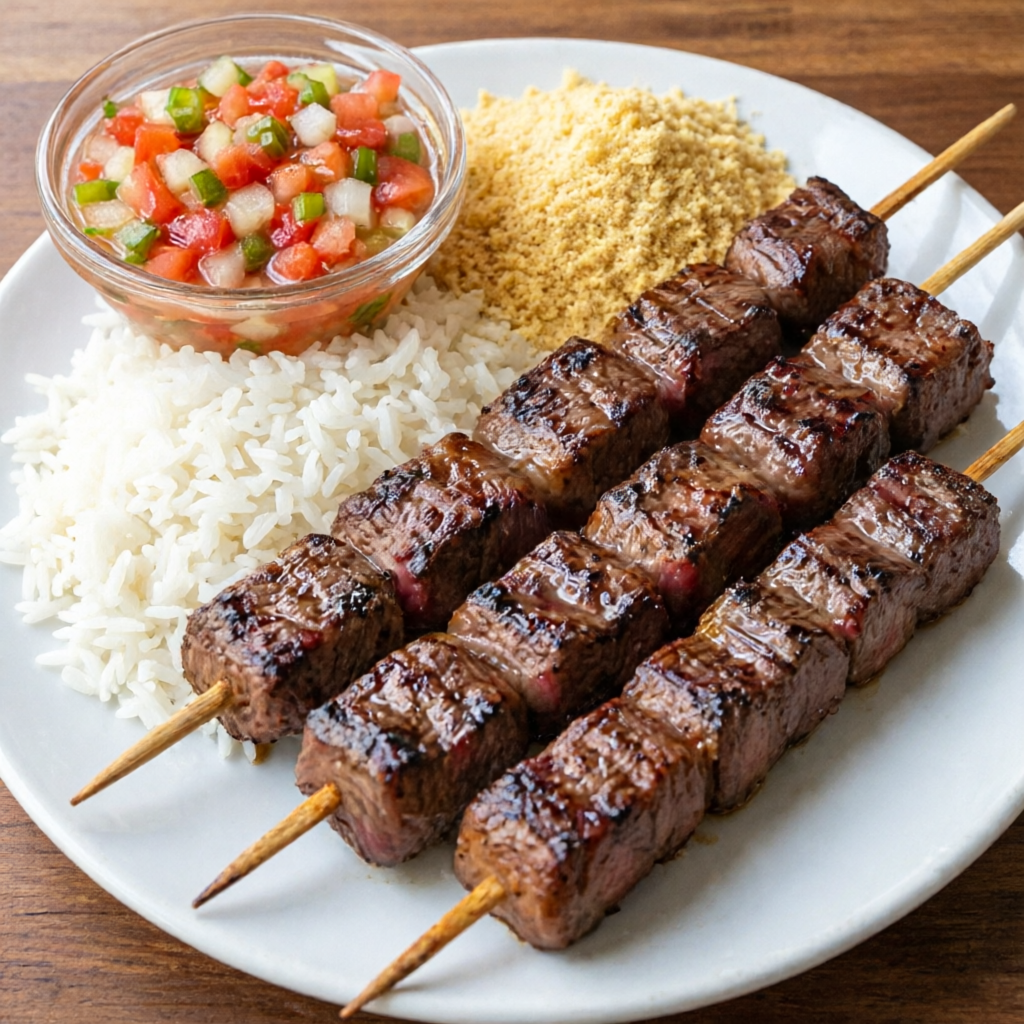 3 Espetos de Alcatra (300g), Arroz, Farofa e Vinagrete