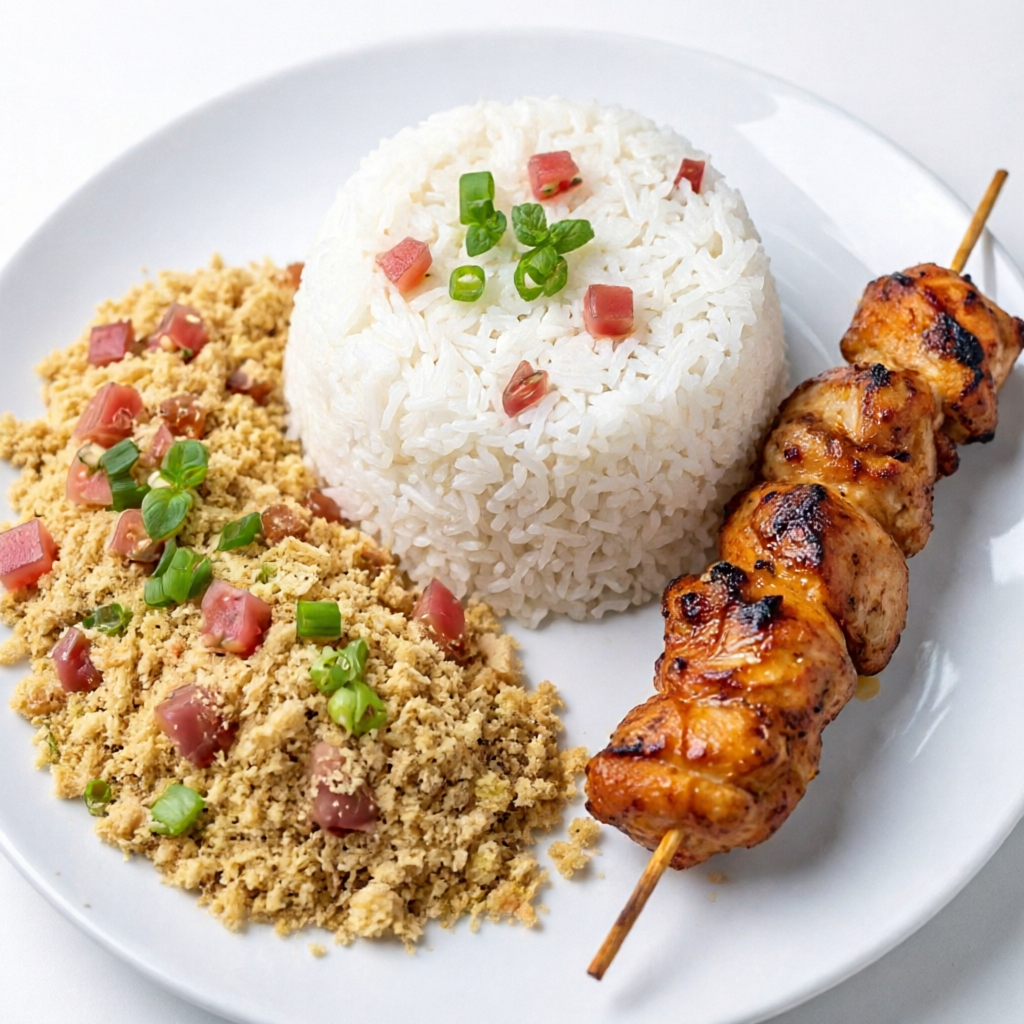 Espeto Frango, Arroz, Farofa e Vinagrete