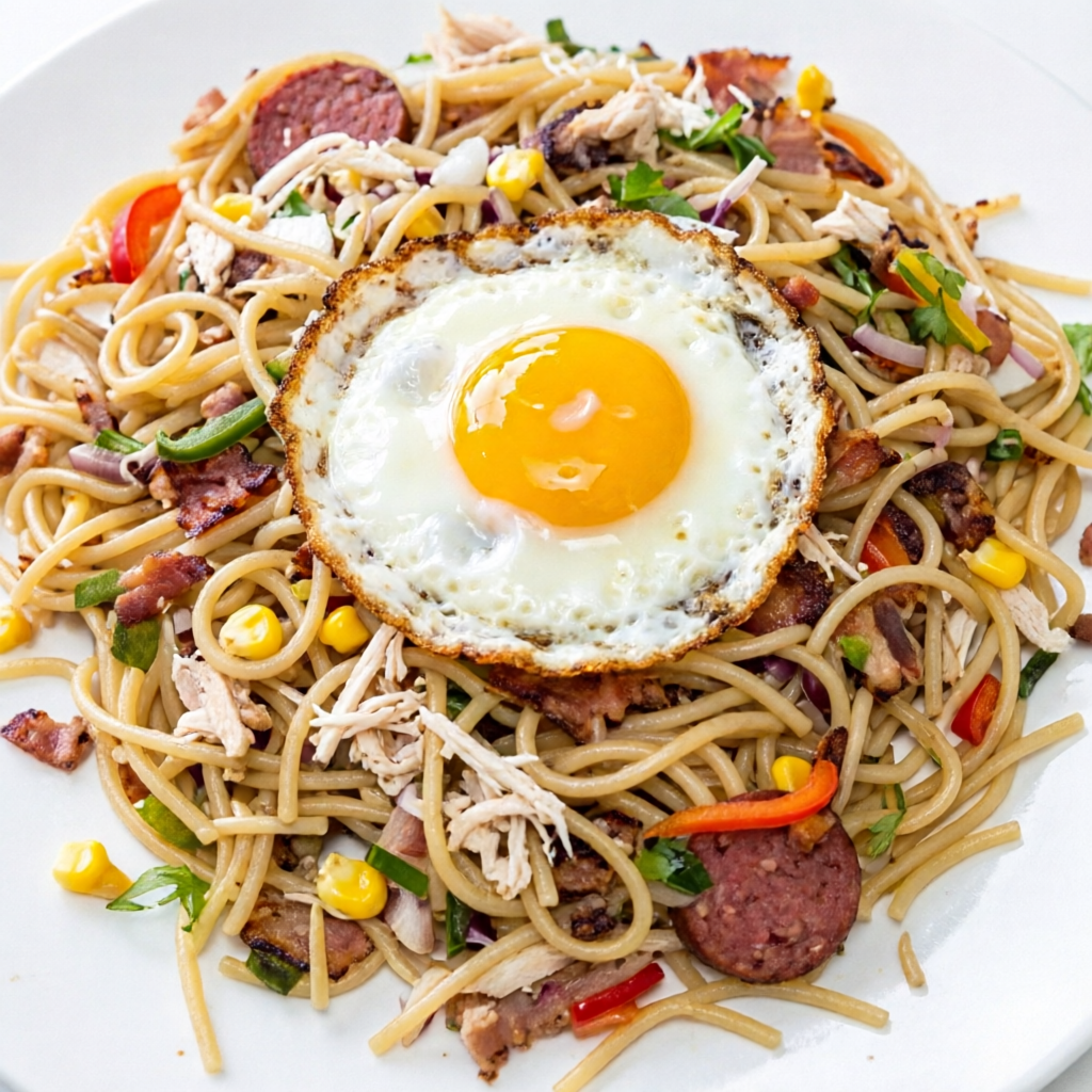 Macarrão, calabresa, frango desfiado, bacon, cebola, pimentão, milho, ovo frito