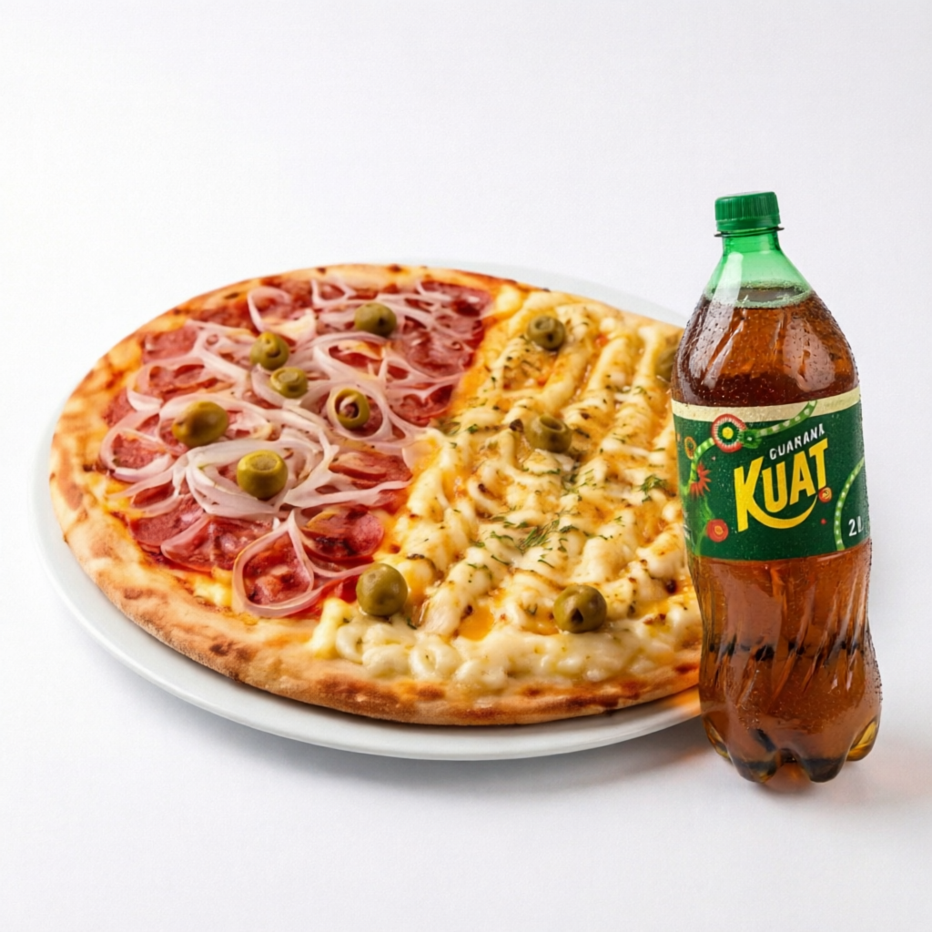 1 Pizza 35cm (2 Sabores Calabresa ,Frango com Catupiry) + Kuat 2l
1 Pizza de 35cm 8 fatias. Sabores fixos